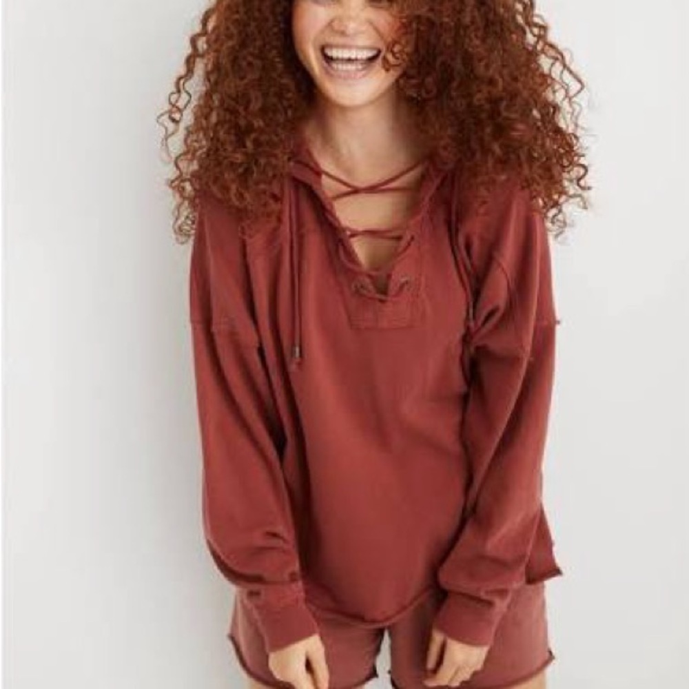 Aerie Lace-Up Hoodie Sweatshirt Burnt Orange Boho Pullover Oversized